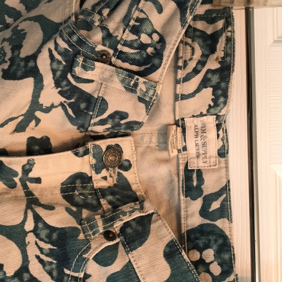 Tan Jeans with retro ink pattern. Zipper ankles - Picture 2 of 7